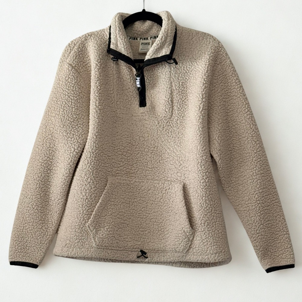 PINK Victoria's Secret Sherpa Fleece Quarter Zip Pullover Cream Tan Small
